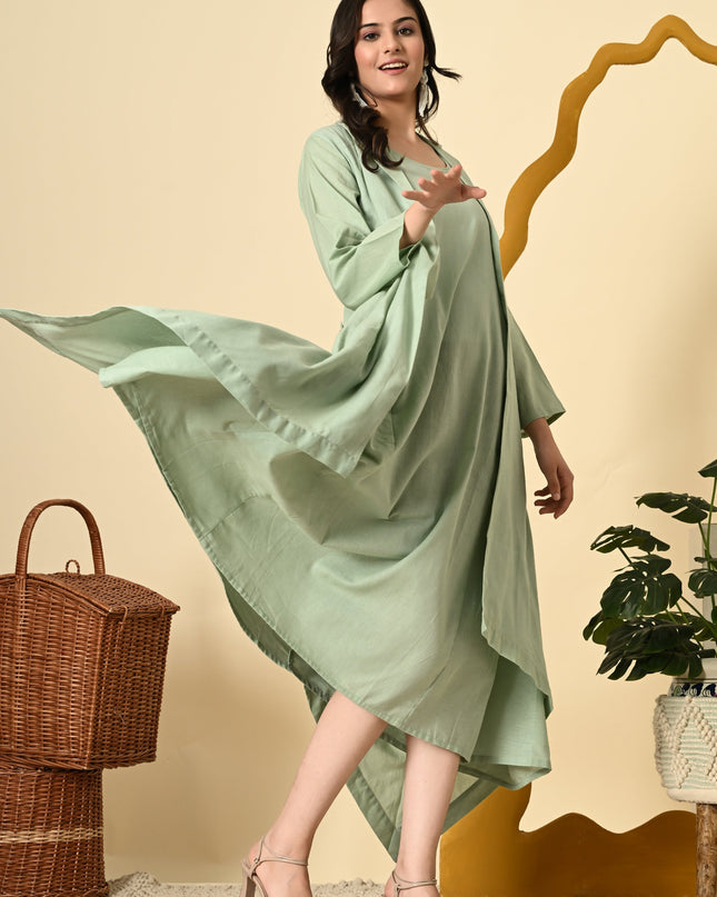 Pistachio Cowl Dress with High Low Jacket for Women