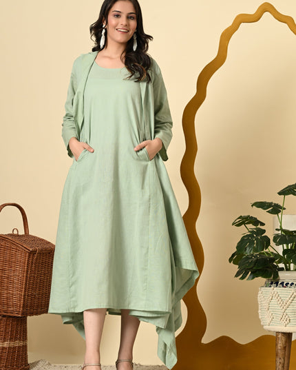 Pistachio Cowl Dress with High Low Jacket for Women