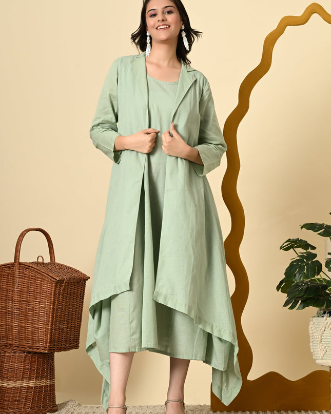 Pistachio Cowl Dress with High Low Jacket for Women