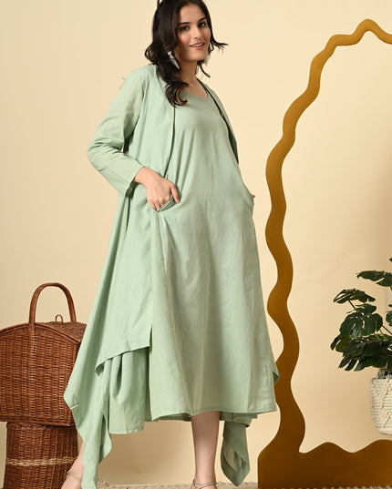 Pistachio Cowl Dress with High Low Jacket for Women