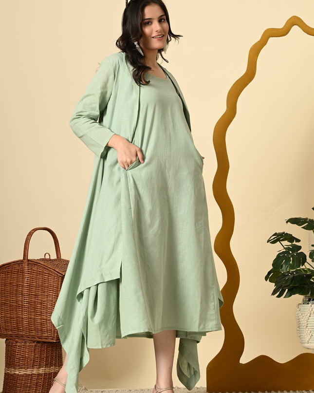 Pistachio Cowl Dress with High Low Jacket for Women