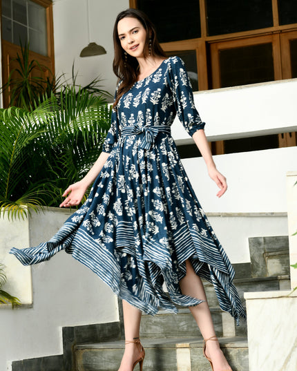 Blue Handkerchief Style Dress with Belt