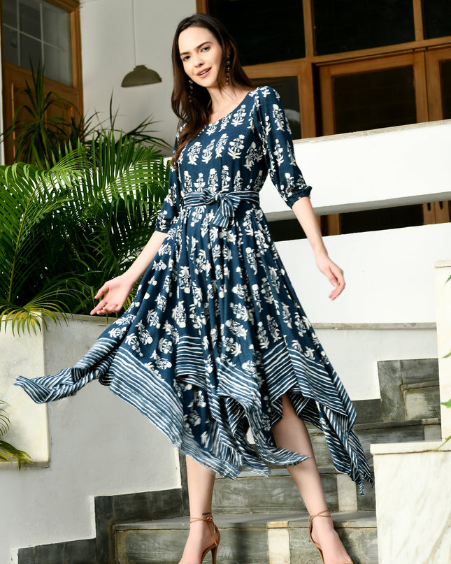 Blue Handkerchief Style Dress with Belt