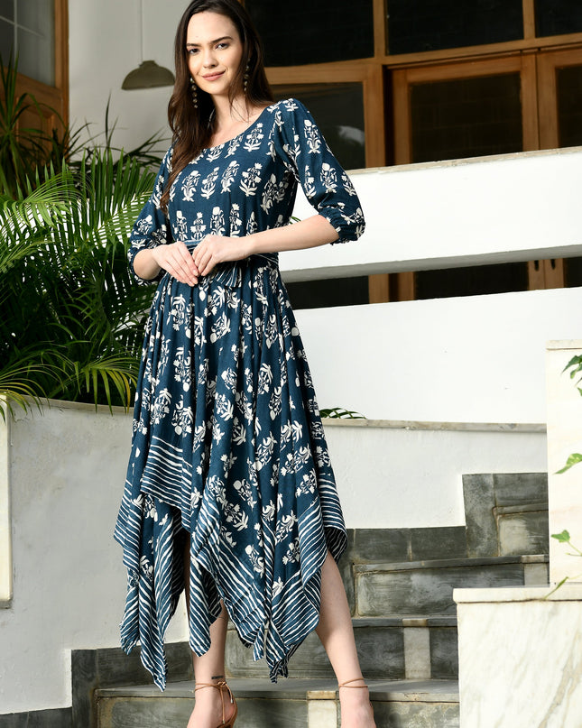 Blue Handkerchief Style Dress with Belt