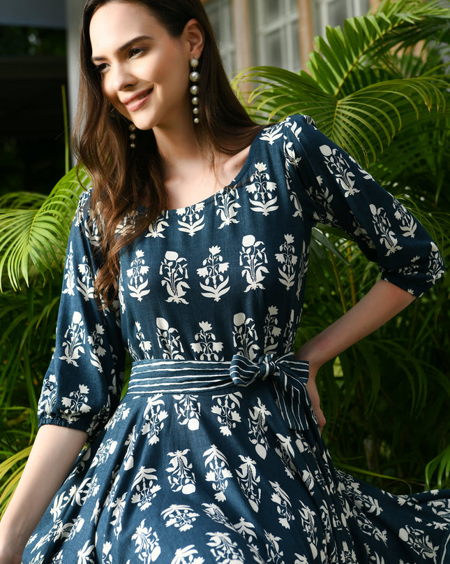 Blue Handkerchief Style Dress with Belt