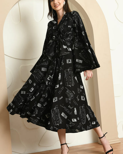 Black Fit & Flare Alphabet Print Dress