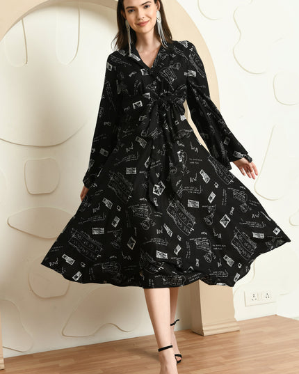 Black Fit & Flare Alphabet Print Dress