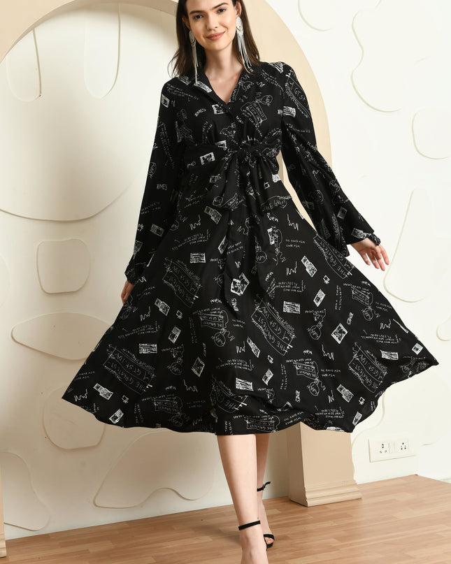 Black Fit & Flare Alphabet Print Dress