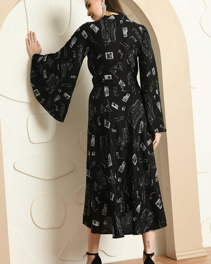 Black Fit & Flare Alphabet Print Dress