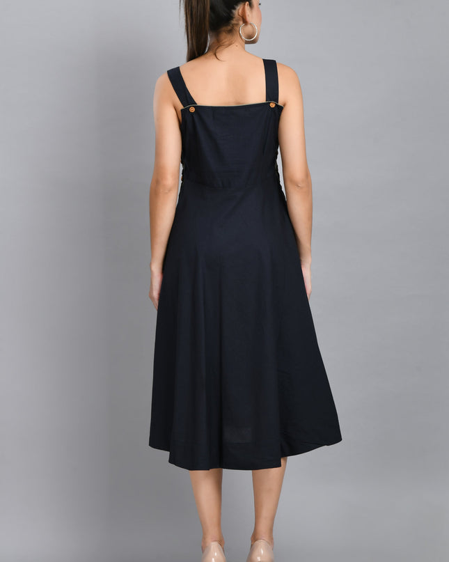 Blue Linen Wood Button Dress Cotton Casual Wear