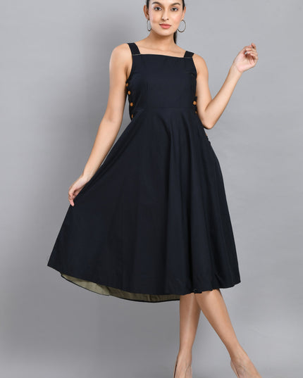 Blue Linen Wood Button Dress Cotton Casual Wear