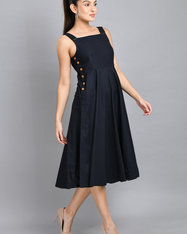 Blue Linen Wood Button Dress Cotton Casual Wear