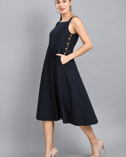Blue Linen Wood Button Dress Cotton Casual Wear