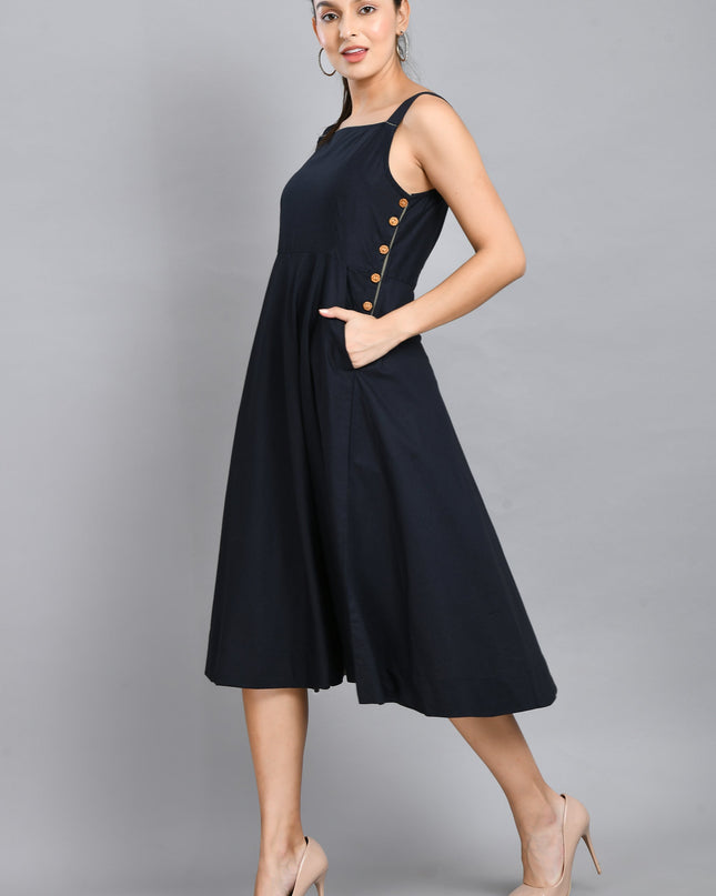 Blue Linen Wood Button Dress Cotton Casual Wear