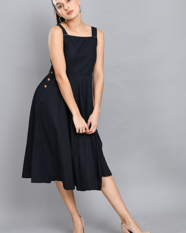 Blue Linen Wood Button Dress Cotton Casual Wear