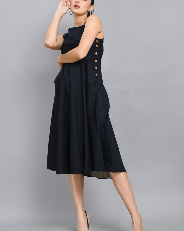 Blue Linen Wood Button Dress Cotton Casual Wear