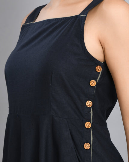 Blue Linen Wood Button Dress Cotton Casual Wear