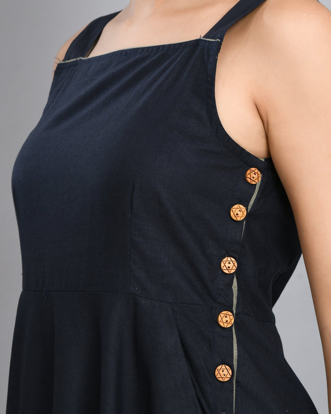 Blue Linen Wood Button Dress Cotton Casual Wear