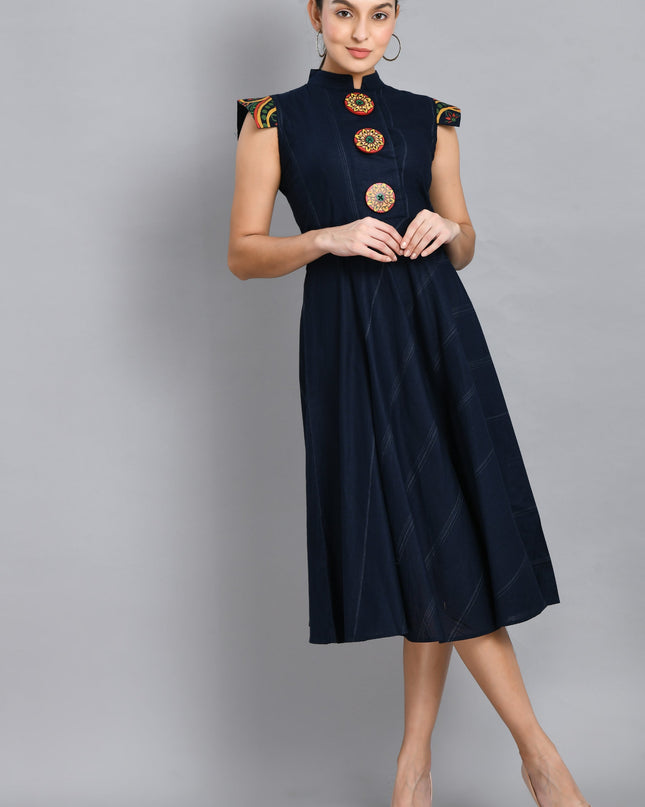 Hand Painted Blue Linen Cotton Dress