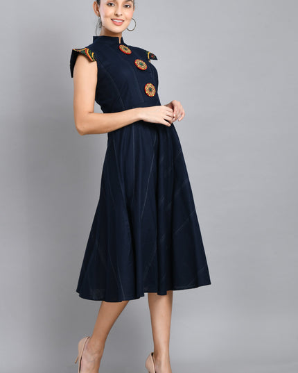 Hand Painted Blue Linen Cotton Dress