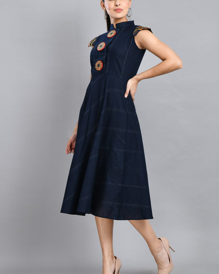 Hand Painted Blue Linen Cotton Dress