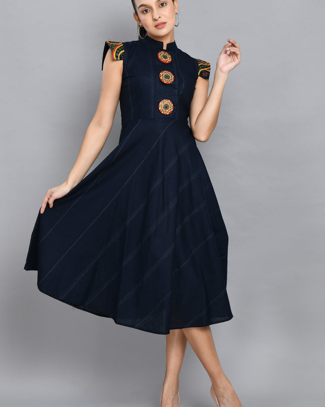 Hand Painted Blue Linen Cotton Dress