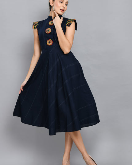 Hand Painted Blue Linen Cotton Dress