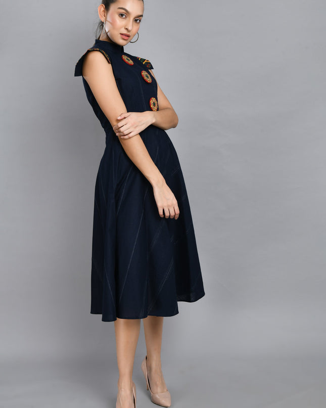 Hand Painted Blue Linen Cotton Dress