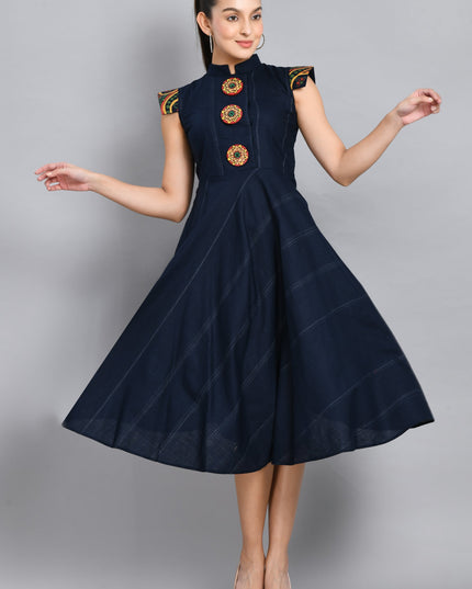 Hand Painted Blue Linen Cotton Dress
