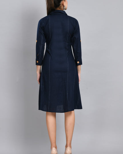 Blue Linen Jacket Dress Cotton Casual Wear