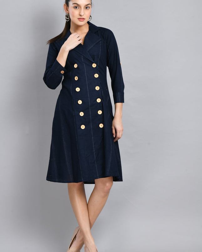 Blue Linen Jacket Dress Cotton Casual Wear