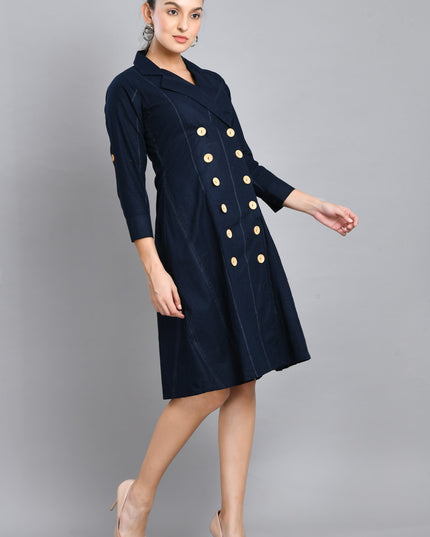 Blue Linen Jacket Dress Cotton Casual Wear