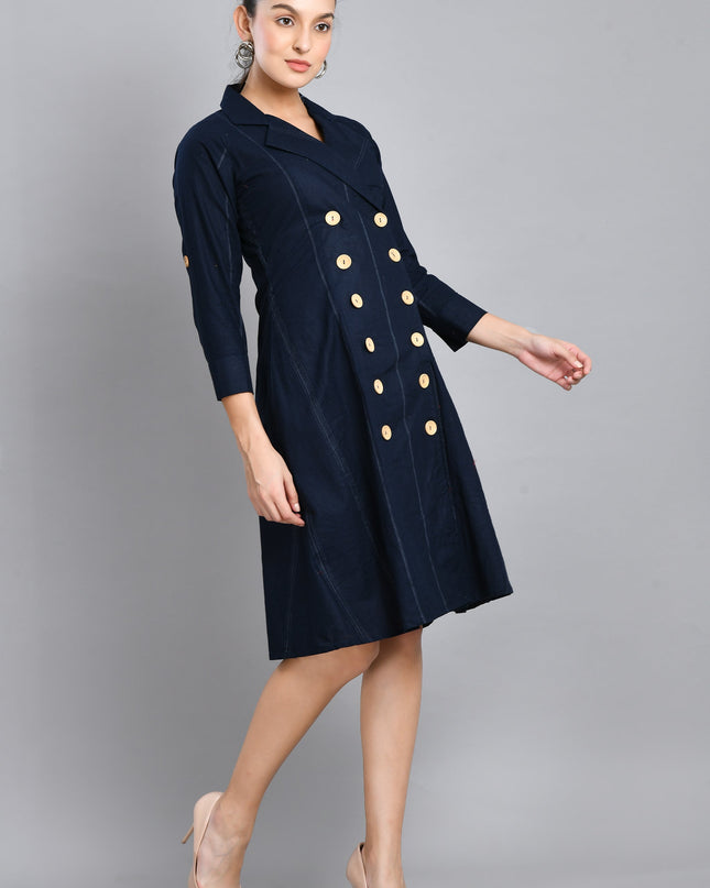 Blue Linen Jacket Dress Cotton Casual Wear