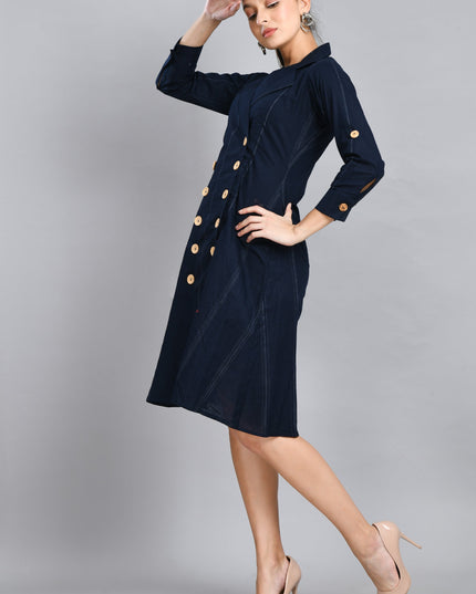 Blue Linen Jacket Dress Cotton Casual Wear