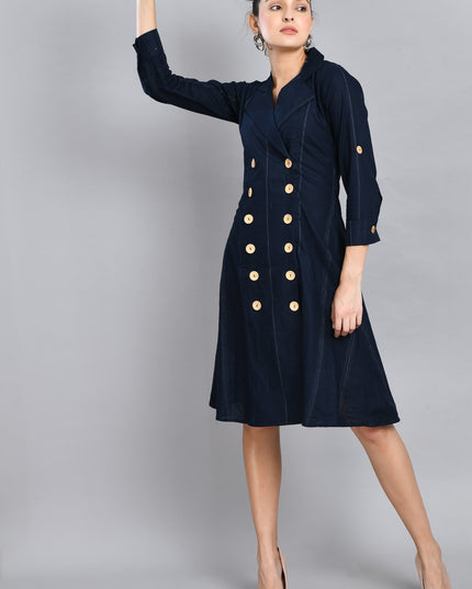 Blue Linen Jacket Dress Cotton Casual Wear