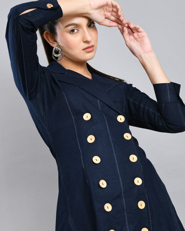 Blue Linen Jacket Dress Cotton Casual Wear