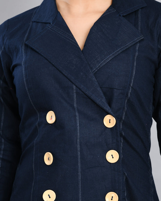 Blue Linen Jacket Dress Cotton Casual Wear