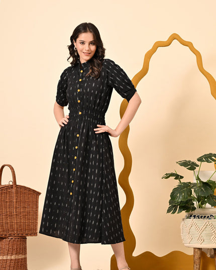 Black Butti Elasticated Midi Dress for Women
