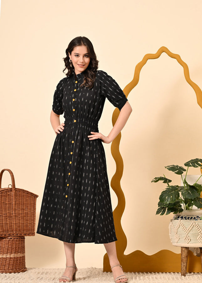 Black Butti Elasticated Midi Dress for Women
