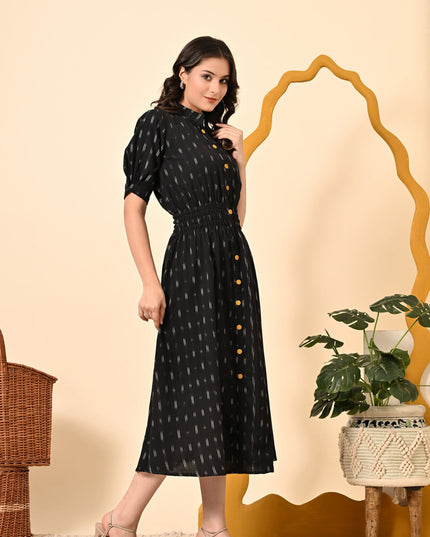 Black Butti Elasticated Midi Dress for Women