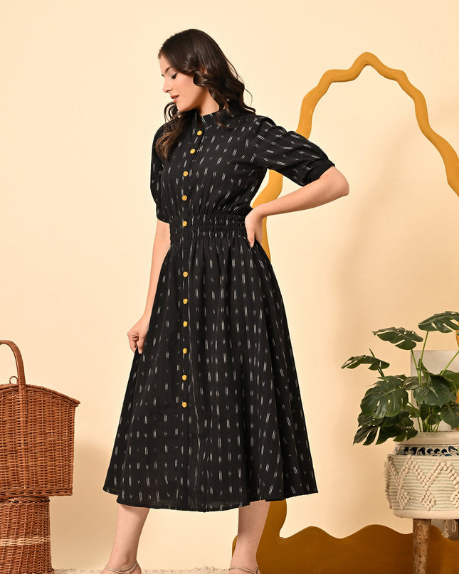 Black Butti Elasticated Midi Dress for Women