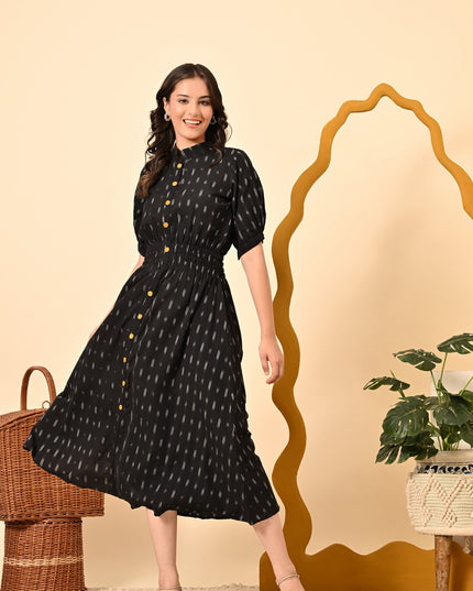 Black Butti Elasticated Midi Dress for Women