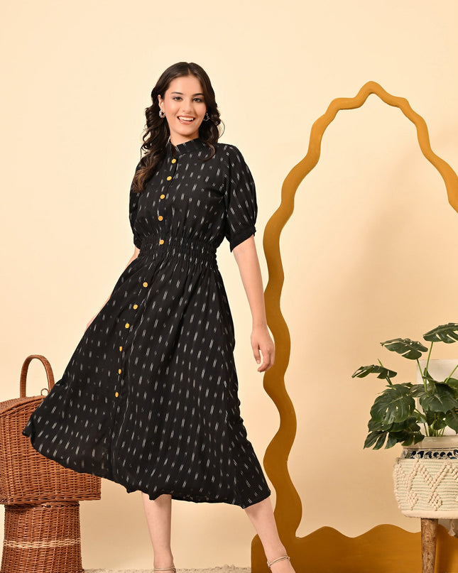 Black Butti Elasticated Midi Dress for Women