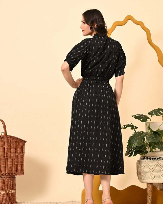 Black Butti Elasticated Midi Dress for Women