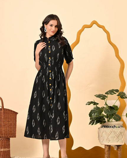Black Elasticated Waist Ikat Midi Dress – Elegant Casual Wear