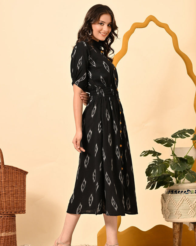 Black Elasticated Waist Ikat Midi Dress – Elegant Casual Wear
