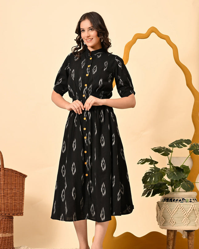 Black Elasticated Waist Ikat Midi Dress – Elegant Casual Wear