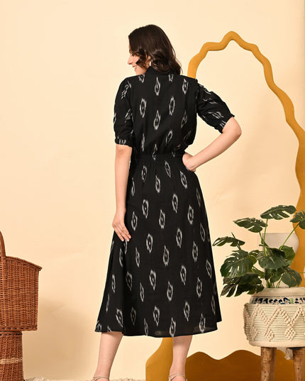 Black Elasticated Waist Ikat Midi Dress – Elegant Casual Wear