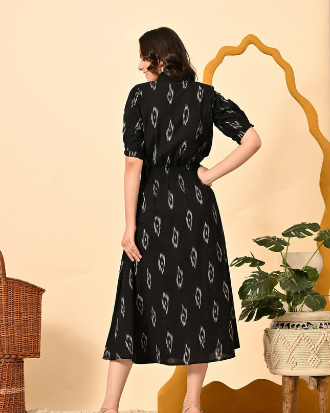 Black Elasticated Waist Ikat Midi Dress – Elegant Casual Wear