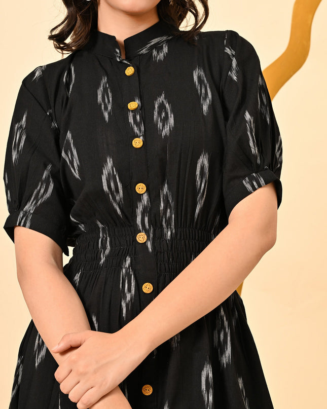 Black Elasticated Waist Ikat Midi Dress – Elegant Casual Wear